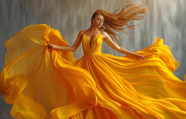 Elegantna kobieta tańcząca, unosząca się na wietrze w złotych jedwabnych sukniach na szarym tle oszałamiający model w żółtej sukience faluje radosna młoda kobieta w wyobrażonych ubraniach