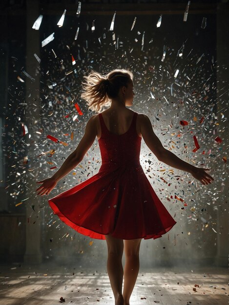 Elegantna kobieta w czerwonej sukience tańcząca wdzięcznie na ziemi.