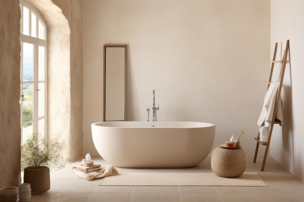 Elegantna łazienka z beżowymi i białymi ścianami, owalnymi lustrowymi roślinami w wannie i parkietową podłogą
