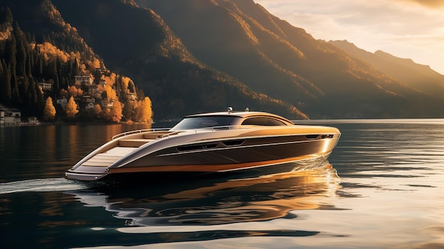 Elegantna łódź Riva płynąca na jeziorze Serene wygenerowana przez sztuczną inteligencję