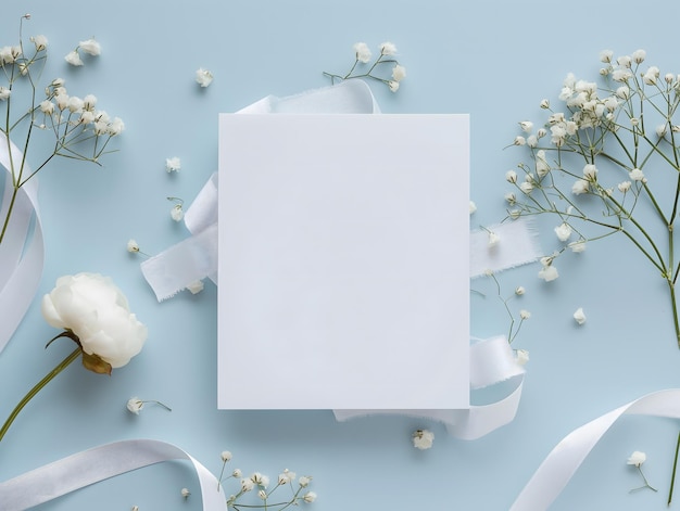 Elegantna maketa kartki z białymi kwiatami i wstążkami na niebieskim tle