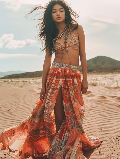 Zdjęcie elegantna młoda kobieta pozująca w bohemskiej sukience na piaszczystej pustyni pod jasnym niebem