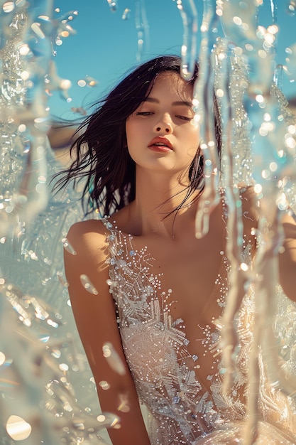 Elegantna młoda kobieta w sukience błyszczącej w świetle słońca na tle eterycznej wody