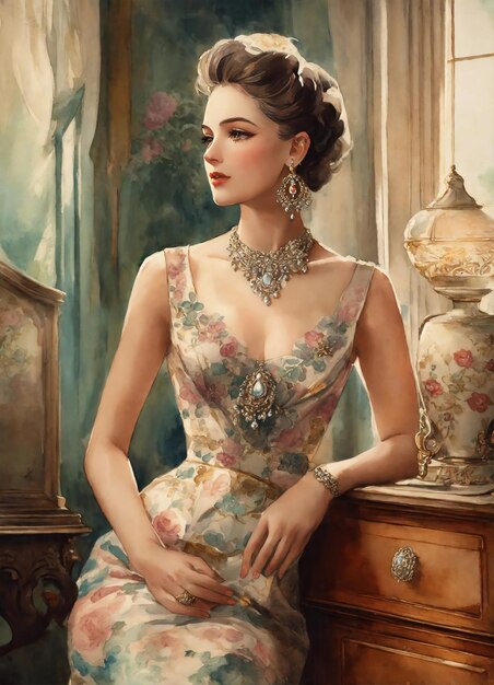 Elegantna młoda kobieta w sukience pozująca w vintage wnętrzu