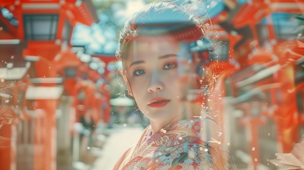 Elegantna młoda kobieta w tradycyjnym kimono w świątyni Fushimi Inari Kyoto Japonia Podróże kulturowe i