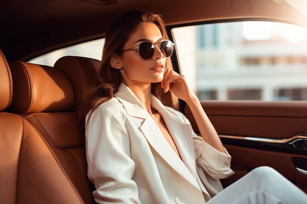 Elegantna piękna młoda kobieta siedząca z tyłu samochodu
