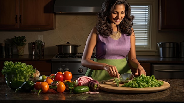 Elegantna południowoazjatycka indyjska gospodyni domowa w czystej kuchni Domowa wdzięk i mistrzostwo kulinarne