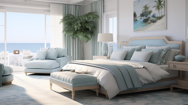 Elegantna przybrzeżna sypialnia miękkie niebieskie i białe kolory wnętrze sypialni