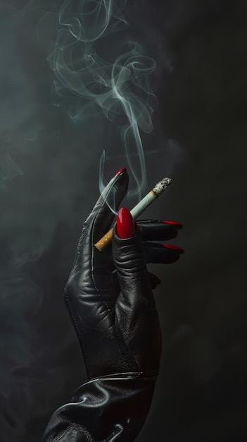 Zdjęcie elegantna ręka z czerwonym lakierem do paznokci trzymająca papierosa