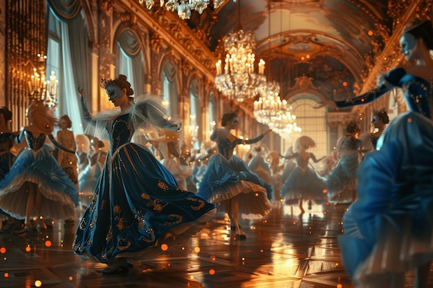 Zdjęcie elegantna sala balowa z wirującymi tancerzami w maskierach