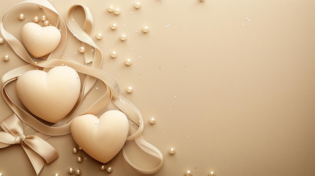 Elegantne beżowe serca z wstążkami i perłami na kremowym tle