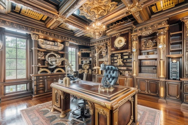 Elegantne biuro domowe z luksusowym biurkiem i krzesłami