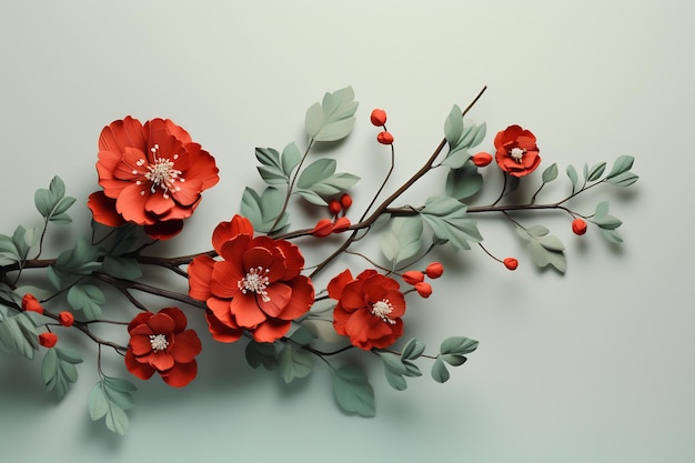Elegantne czerwone i zielone kwiaty i gałęzie na jasnym tle