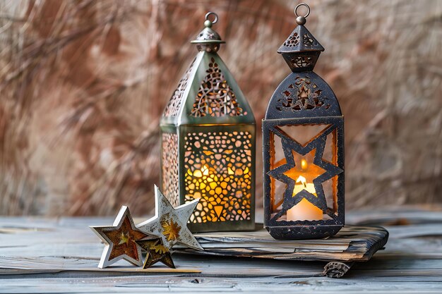Elegantne islamskie lampy i gwiazda Ramadanu na tle