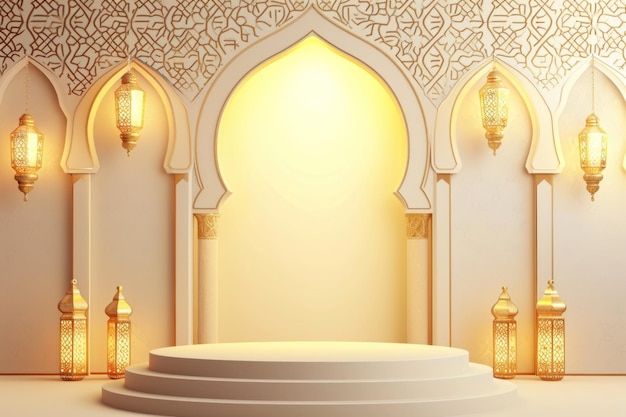 Zdjęcie elegantne islamskie podium otoczone prostymi islamskimi wzorami i latarniami