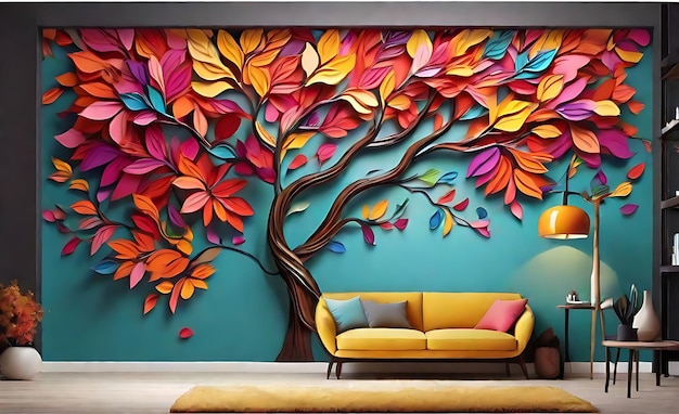 Elegantne kolorowe drzewo z żywymi liśćmi wiszącymi gałęziami ilustracja tło tapety sztuki