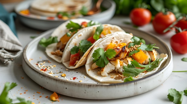 Elegantne meksykańskie tacos, w których mieszanka warzyw, sałatki, awokado