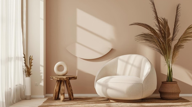 Zdjęcie elegantne minimalistyczne wnętrza w ciepłych tonach z minimalistycznymi meblami kompozycja projektowania wnętrz z przestrzenią do pisania tekstu