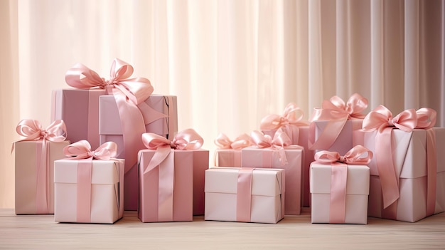 Elegantne pudełka podarunkowe z satynowymi wstążkami na blado-różowym