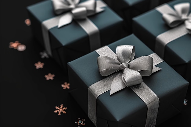 Elegantne pudełka z prezentami, srebrne wstążki, czarne tło, luksusowa koncepcja.