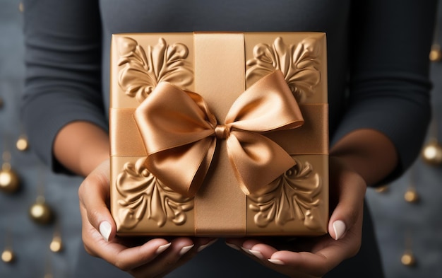 Elegantne ręce kobiety trzymające pudełko z prezentami