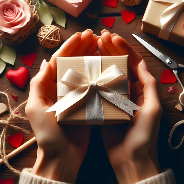 Elegantne ręce prezentujące pudełko z sercem ozdobione różowym łukiem w Dzień Walentynek