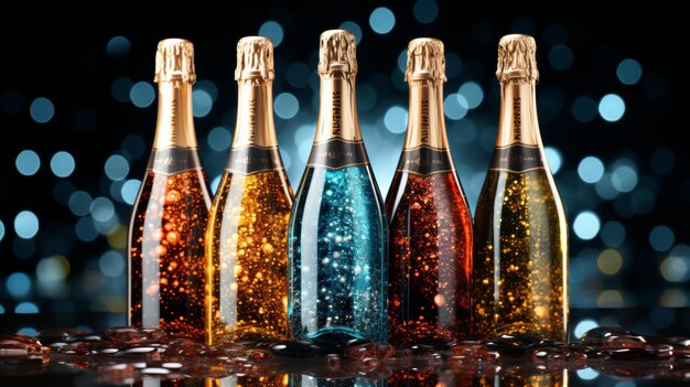 Elegantne świąteczne tło bokeh z żywymi, wielokolorowymi butelkami szampana na uroczystość