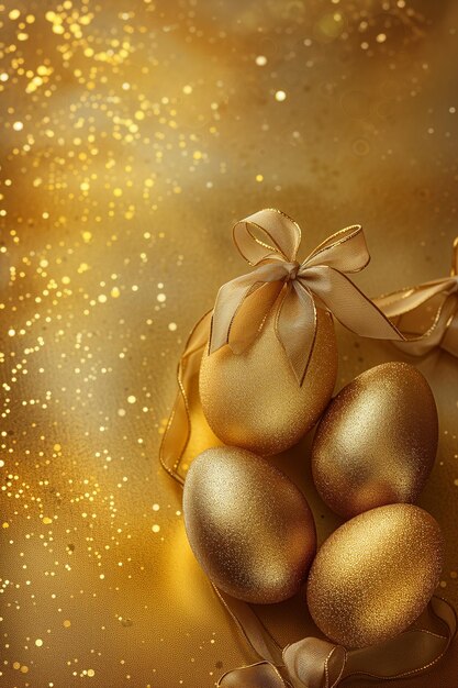 Zdjęcie elegantne złote jajka wielkanocne związane luksusowym łukiem na błyszczącym tle