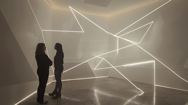 Zdjęcie elegantnie oświetlony futurystyczny pokój z dwoma kobietami w rozmowie
