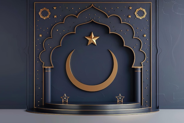 Elegantny 3D islamski projekt z półksiężycem i gwiazdami na podium