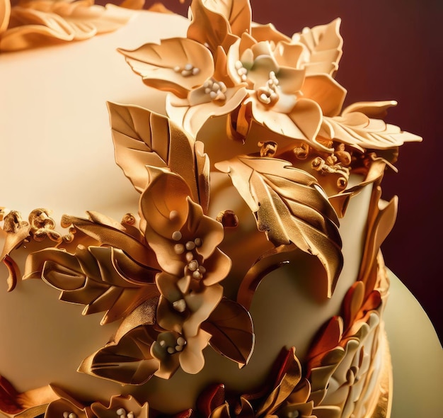 Elegantny beżowy tort z złotymi kwiatami 3D