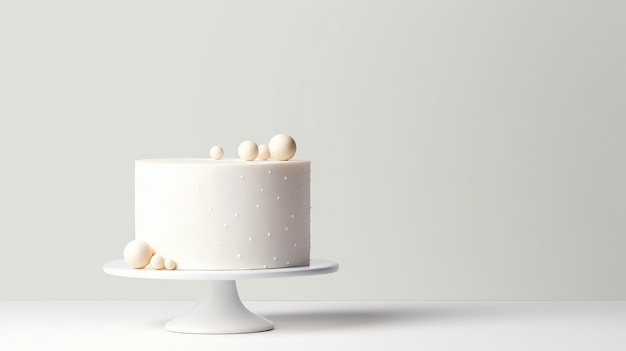 Elegantny biały tort ślubny na stojaku z ciastami w minimalistycznym stylu