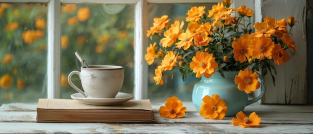 Elegantny bukiet kwiatów z dekoracyjną kartką powitalną, staroświecka książka, filiżanka herbaty i pióro są wystawione na białych drewnianych deskach w eleganckim stylu.