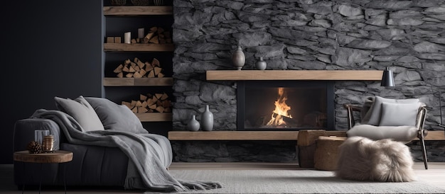 Zdjęcie elegantny ciepły salon z kamiennymi i drewnianymi akcentami i miękkimi koce
