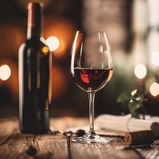 Elegantny kieliszek czerwonego wina z butelkami i korkociągiem na rusztycznym stole Idealny do jedzenia i degustacji wina