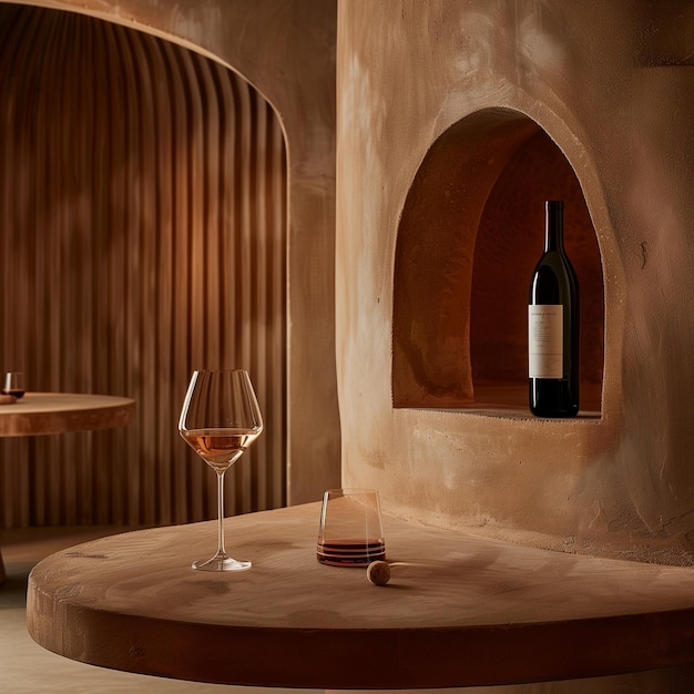 Elegantny kieliszek czerwonego wina z butelkami i korkociągiem na rusztycznym stole Idealny do jedzenia i degustacji wina