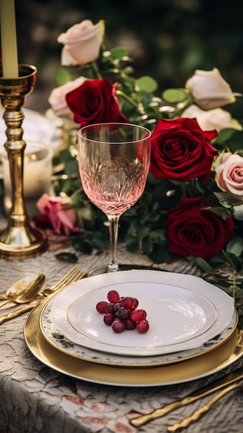 Elegantny krajobraz stołu formalny układ stołu obiadowego z czerwonymi różami i winem elegancki dekoracja stołu na przyjęcie weselne kolację i uroczystość dekoracja domu pomysł stylizacji