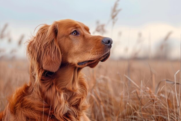 Elegantny pies Golden Retriever siedzący na złotym polu przy zachodzie słońca Portret lojalnego zwierzęcia w przyrodzie