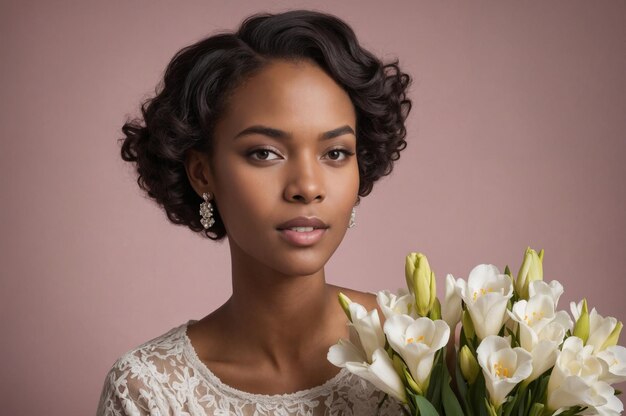 Elegantny portret młodej afrykańskiej Francuzki z pachnącą frezją