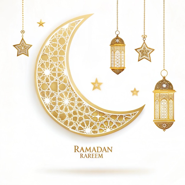 Elegantny Ramadan Kareem Pozdrowienie z Złotym Półksiężycem Księżyca i Latarnami