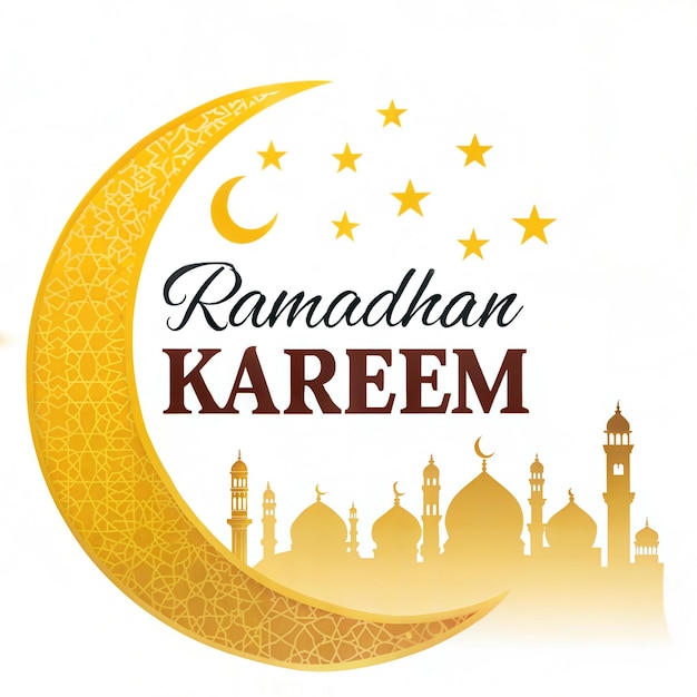 Elegantny Ramadan Kareem Pozdrowienie z Złotym Półksiężycem Księżyca i Latarnami