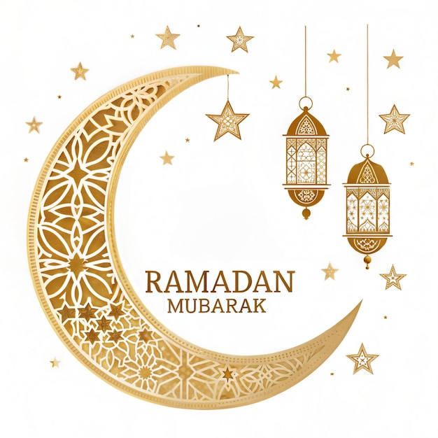 Elegantny Ramadan Kareem Pozdrowienie z Złotym Półksiężycem Księżyca i Latarnami