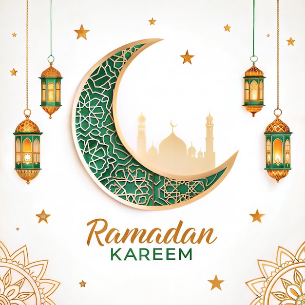 Elegantny Ramadan Kareem Pozdrowienie z Złotym Półksiężycem Księżyca i Latarnami
