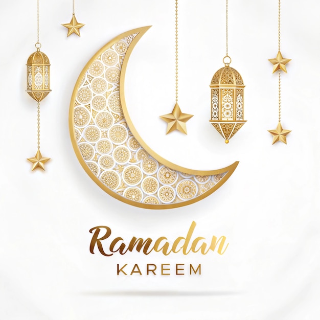 Elegantny Ramadan Kareem Pozdrowienie z Złotym Półksiężycem Księżyca i Latarnami
