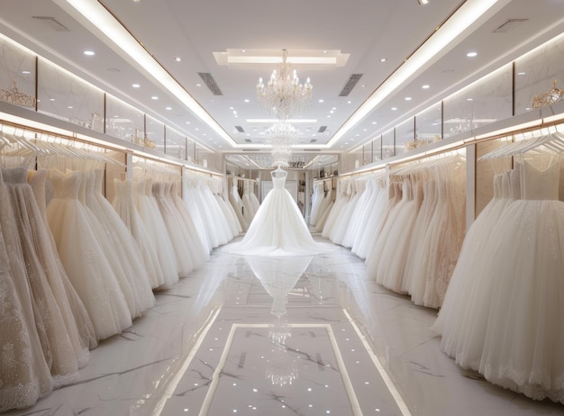 Elegantny sklep ślubny z sukienkami ślubnymi na wystawie oświetlony przez żyrandol