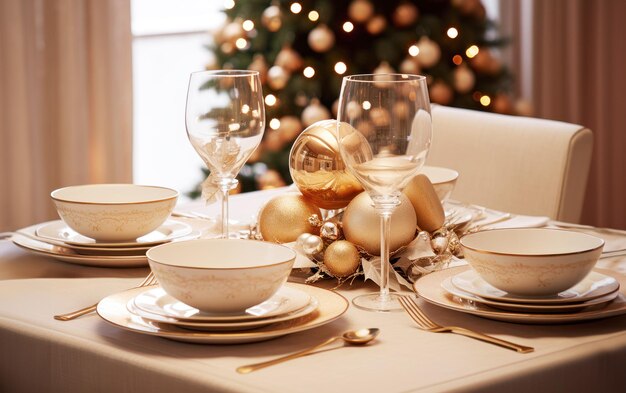 Elegantny świąteczny stół z złotymi i białymi ozdobami i dekoracjami Koncepcja świętowania świątecznej kolacji