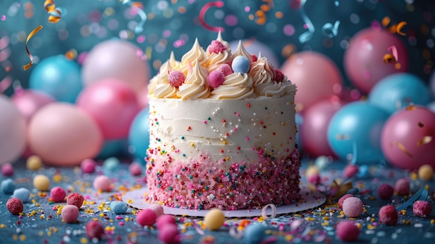Elegantny tort urodzinowy z malinami i kolorowymi balonami