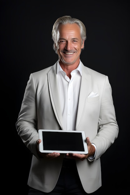 Elegantny, zrelaksowany, pewny siebie starszy biznesmen trzymający cyfrowy tablet.
