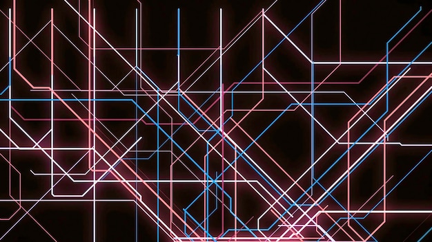Zdjęcie elektroniczna animacja mapy metra linie neonowe poruszają się wzdłuż określonej trasy i tworzą animację schematyczną