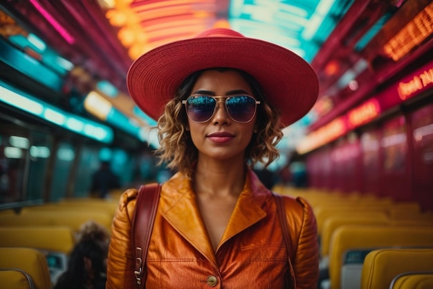 Zdjęcie elektroniczny pociąg w pozycji kobiety noszącej okulary i kapelusz